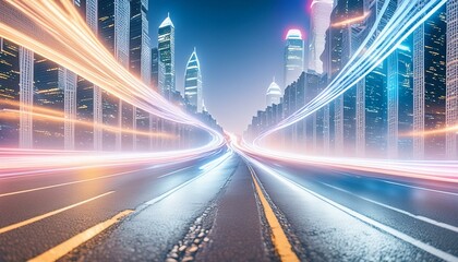 Fototapeta premium neon light flashes creating a futuristic backdrop against a black surface, with dynamic motion lines adding depth and movement