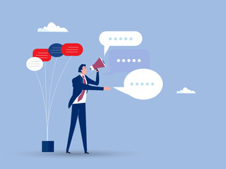 Communication or PR,businessman holding speech big loudspeaker to communicate with audience, sending advertising announce sales or promotion concept,