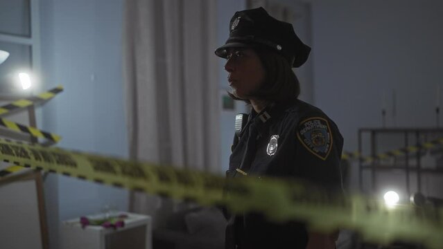 Hispanic policewoman in uniform stands at crime scene, indoor, with police tape and dim lighting.
