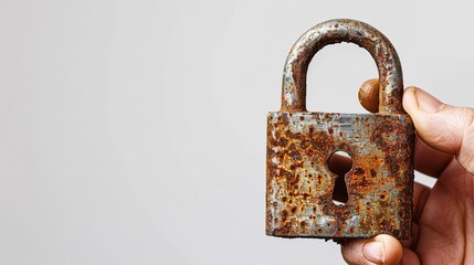Hand clutching a corroded padlock against a white backdrop. Generative Ai - obrazy, fototapety, plakaty