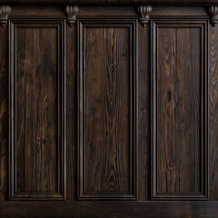 Close-up of an old wooden paneled wall with dark brown woodgrain. The wall has a classic design with ornate moldings and paneling. The wall is textured and has a few nicks and scratches 