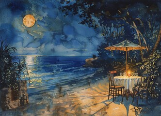 Watercolor painting of a romantic evening on a beachside dining table. Use for wallpaper, posters, postcards, brochures.