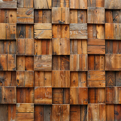 close-up of a wooden wall made of wooden squares. The wood has a brown color and some parts are weathered. The wall background is made of different shades of brown wood.