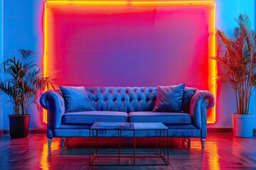 living area with a coffee table and a blue couch under neon lights. Generative Ai
