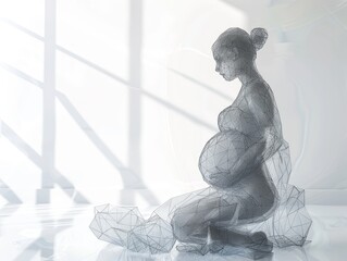 The photo shows a pregnant woman sitting on the floor with her hands on her belly. She is looking down at her belly. The photo is taken from a side angle.