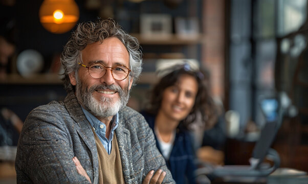 Portrait of a man sitting with his female colleage in office.