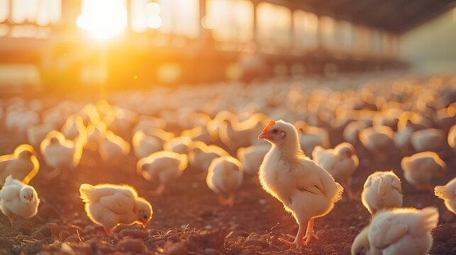 A large, modern chicken farm with thousands of chickens in the background under bright sunlight. 