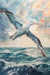 Seagulls are a family of seabirds. Living along the sea coast and some species come to find food in fresh water sources. Watercolor painting. Use for phone wallpaper, Posters. 