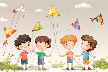 Kids Flying Kites: Sunny Day Cartoon Clipart
