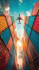 Airplane flying above container logistic. Cargo and shipping business