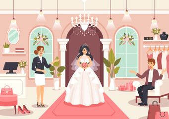 Wedding Shop Vector Illustration with Lover Looking for Jewellery, Beautiful Bride Gowns and Accessories to Get Married in Flat Cartoon Background