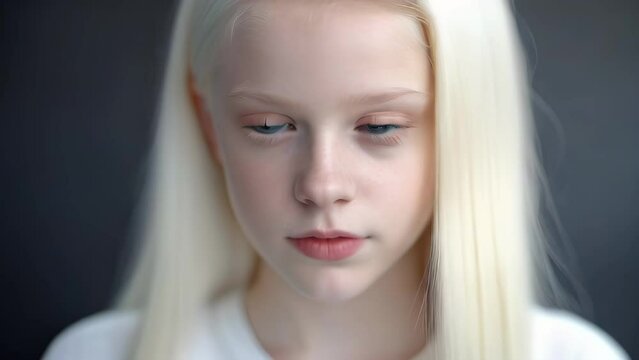 Closeup portrait of an albino girl against dark background looking into the camera and then turning her gaze to the side and rolling her eyes terribly
