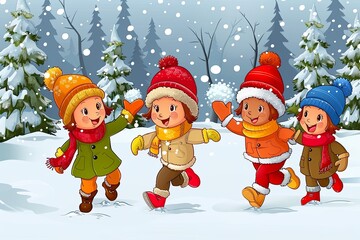 Snowball Battle Fun: Cartoon Clipart of Friends in Winter Action