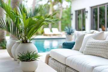 A white patio set featuring a pool and a potted plant. Generative Ai