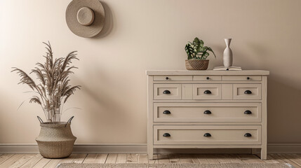 Rustic wooden dresser in beige color in a minimalistic interior design decor composition. Copyspace for text.
