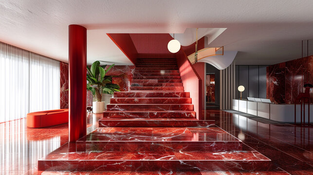 Contemporary entrance hall featuring a bold red marble staircase minimalist decor and vibrant red accents