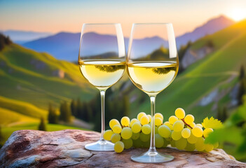 Two wine glasses on a table with yellow grapes  in mountain landscape in the background