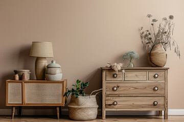 Rustic wooden dresser in beige color in a minimalistic interior design decor composition. Copyspace for text.