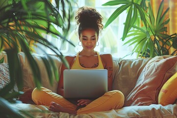 Woman using laptop in tank top work while lounging on sofa. Generative Ai