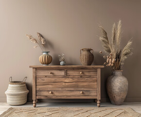 Rustic wooden dresser in beige color in a minimalistic interior design decor composition. Copyspace...