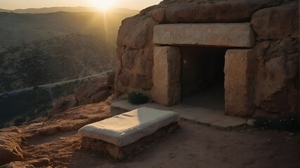 Jesus Christ's empty tomb at dawn of his resurrection
