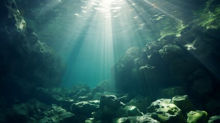 Underwater view of coral reef with seaweed and sunbeams