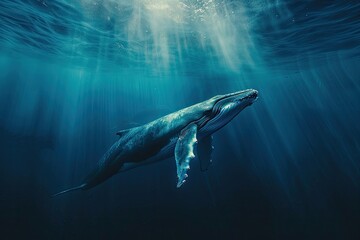 In the vast ocean, a lone blue whale swims. Generative Ai