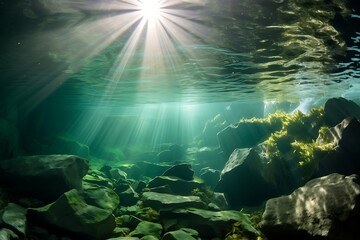 Underwater view of the sea with stones and sunbeams