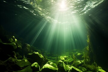 Underwater view of the sea with stones and sunbeams