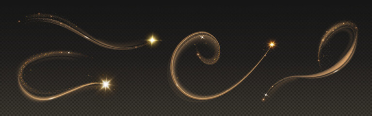 Magic gold star trail with glitter light dust. Golden shine glow wave with sparkle particle and twinkle on black background. Abstract stardust shimmer curve. Shiny glamour Christmas swirl motion