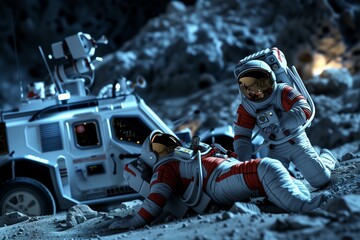 illustration of astronauts and ambulances on the moon