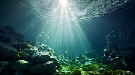 Underwater scene with sun rays and green rocks under water surface
