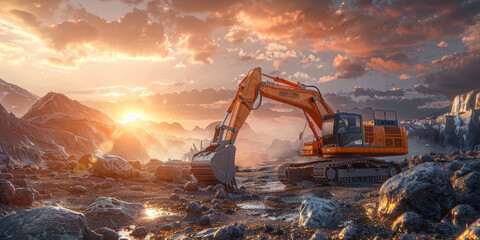 A yellow excavator is driving on the rocky ground, with sunset clouds in the sky and  mountains background