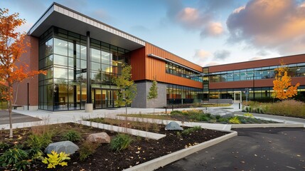 Modern Canadian Elementary School Building Exterior with Playground - Educational Architecture Concept