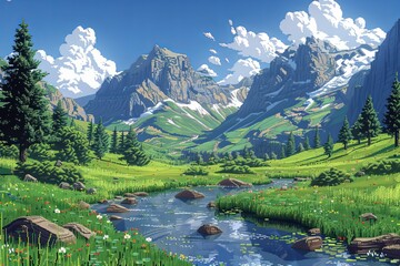 Majestic Highlands: Pixel art landscape of rolling meadows, river, and mountains