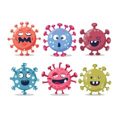 Six cartoon virus characters exhibit diverse emotions colors, representing pathogens. Cute microbes display quirky faces, expressing disease infection humor. Vivid colored germ mascots bring