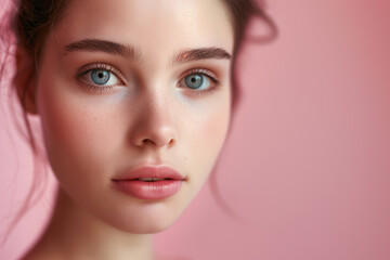 Fototapeta premium Beautiful young woman with clean fresh skin on a color background and nature elements