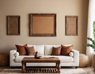 A cozy living space featuring a rustic coffee table, white sofa, and wall decor with poster frames.
