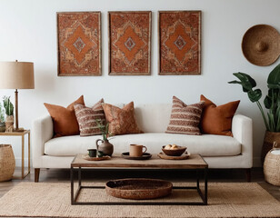 The warm and inviting atmosphere of a living room adorned with a rustic coffee table, white sofa, and brown pillows.
