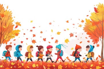 A group of children are walking through a field of autumn leaves