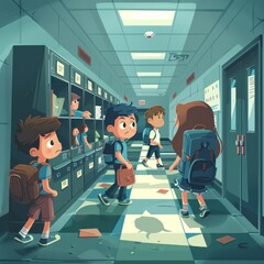 A group of children are walking down a hallway in a school