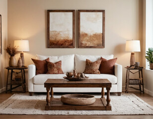 A modern living room setting with a rustic coffee table near a white sofa, complemented by brown pillows and two poster frames.
