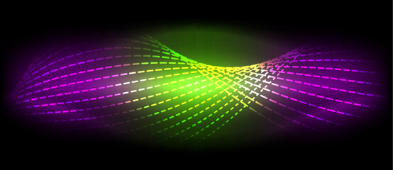A vibrant display of colorfulness featuring neon green, purple, and yellow waves against a sleek black background, creating a mesmerizing visual effect lighting perfect for entertainment purposes