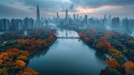The lake park in the city is surrounded by highrise buildings, with colorful autumn leaves covering the mountains and islands on both sides of it. Created with Ai