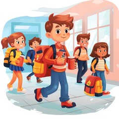 A group of children are walking down a hallway, one of them holding a cup