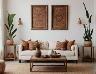 A modern and inviting atmosphere is created by the rustic coffee table near the white sofa adorned with brown pillows and the wall displaying two poster frames.

