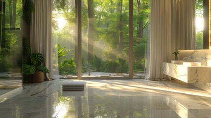 Ultra-detailed 3D rendering of a tranquil bathroom setup with a clear glass shower, white marble...