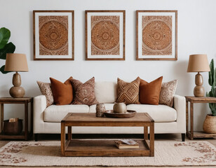 Rustic coffee table near a white sofa with brown pillows, set against a wall adorned with two poster frames. A modern living room featuring Boho ethnic home interior design.
