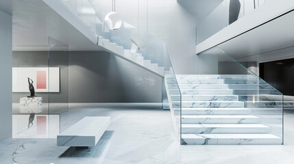 Modern minimalist entrance hall with a crystal white marble staircase sleek glass balustrades and a...