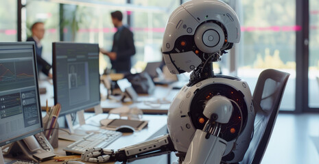 A humanoid robot sat at an office desk, helping human employees with their work using computer screens and keyboard.